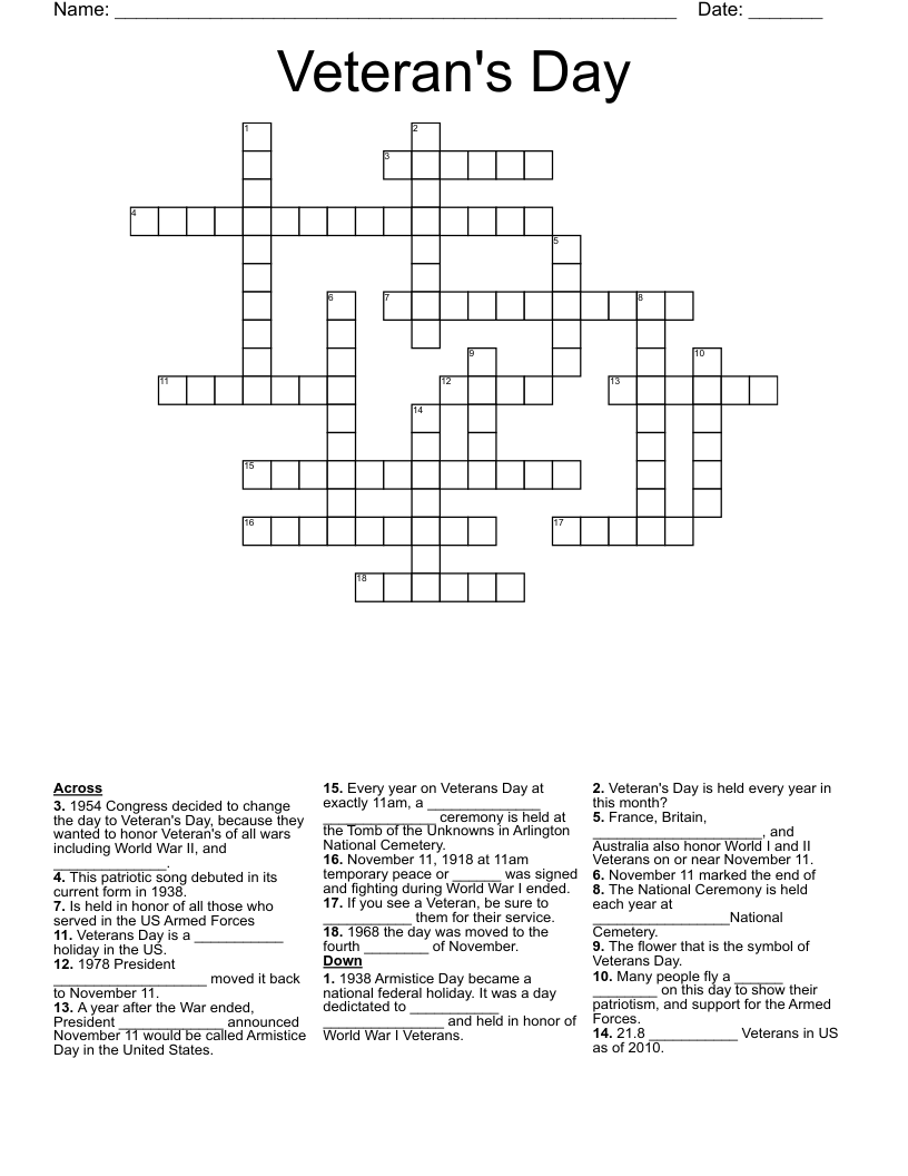 Veteran s Day Crossword WordMint