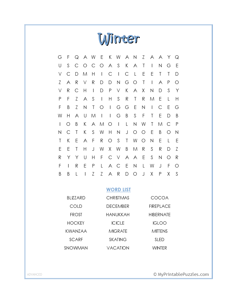 Winter Word Search Advanced My Printable Puzzles