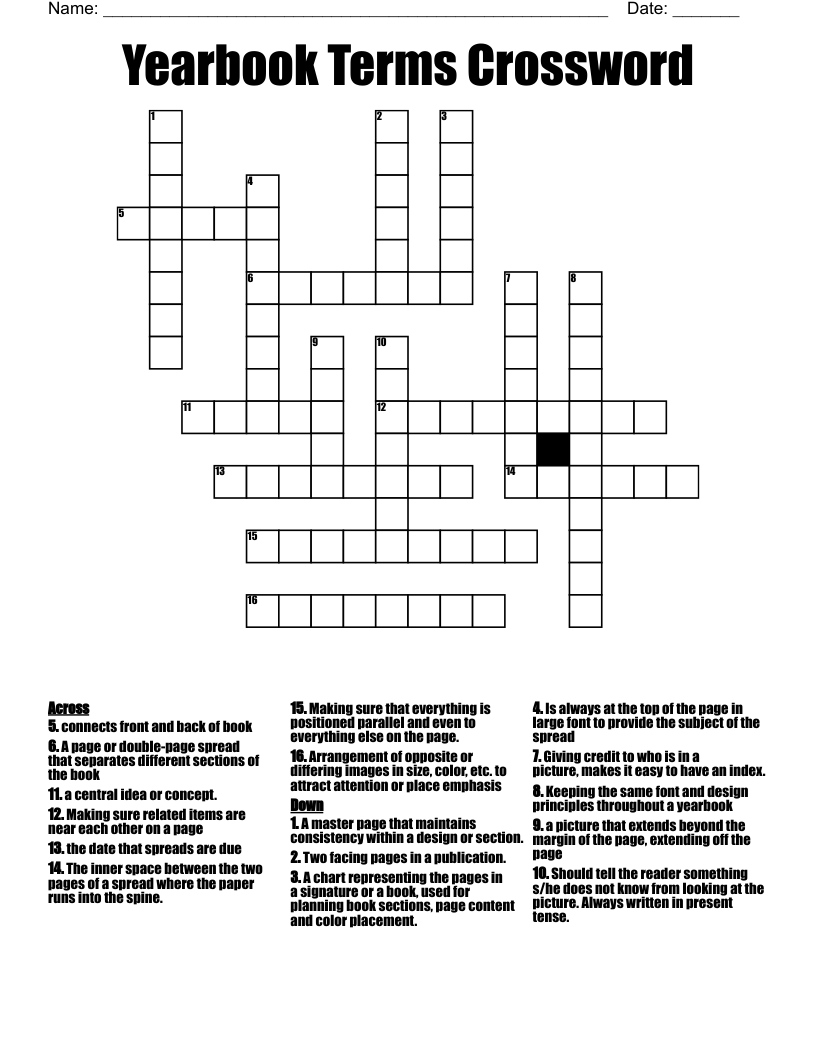 Yearbook Terms Crossword WordMint