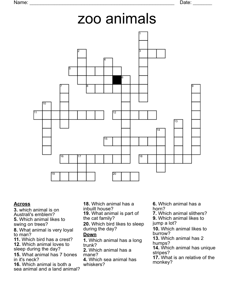 Zoo Animals Crossword WordMint