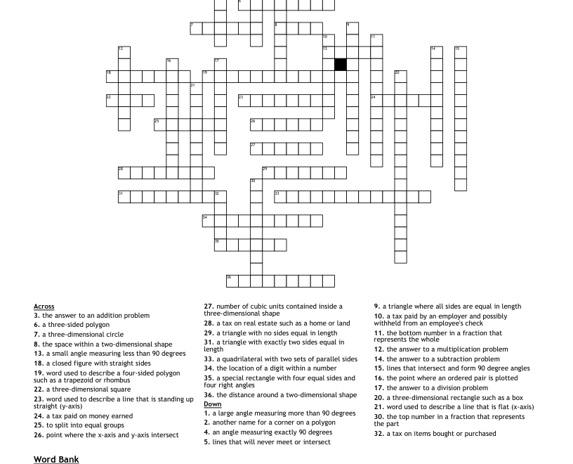 5th Grade Math Vocabulary Crossword WordMint