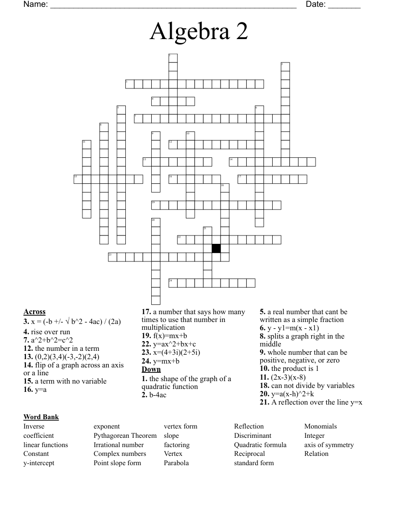 Algebra 2 Crossword WordMint Algebra 2 Crossword WordMint