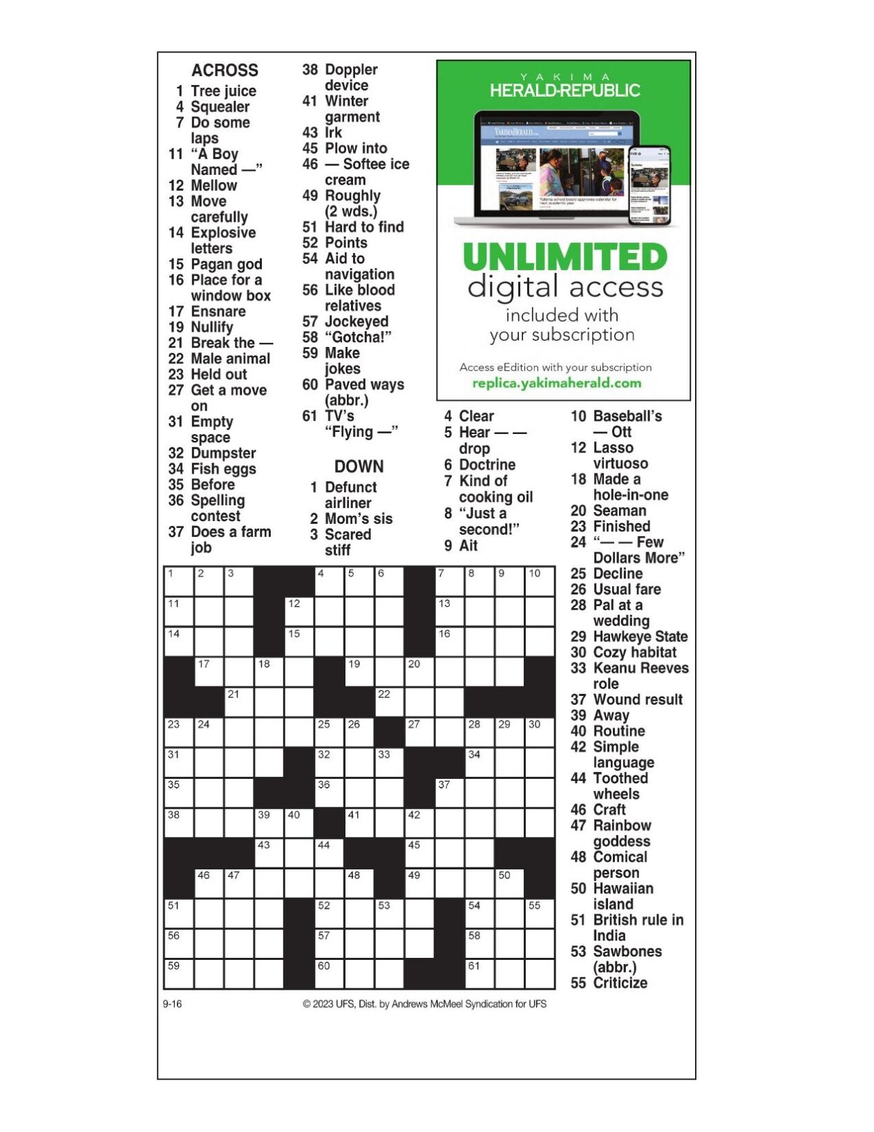 AM Crossword Sept 16 2023 Crosswords Yakimaherald