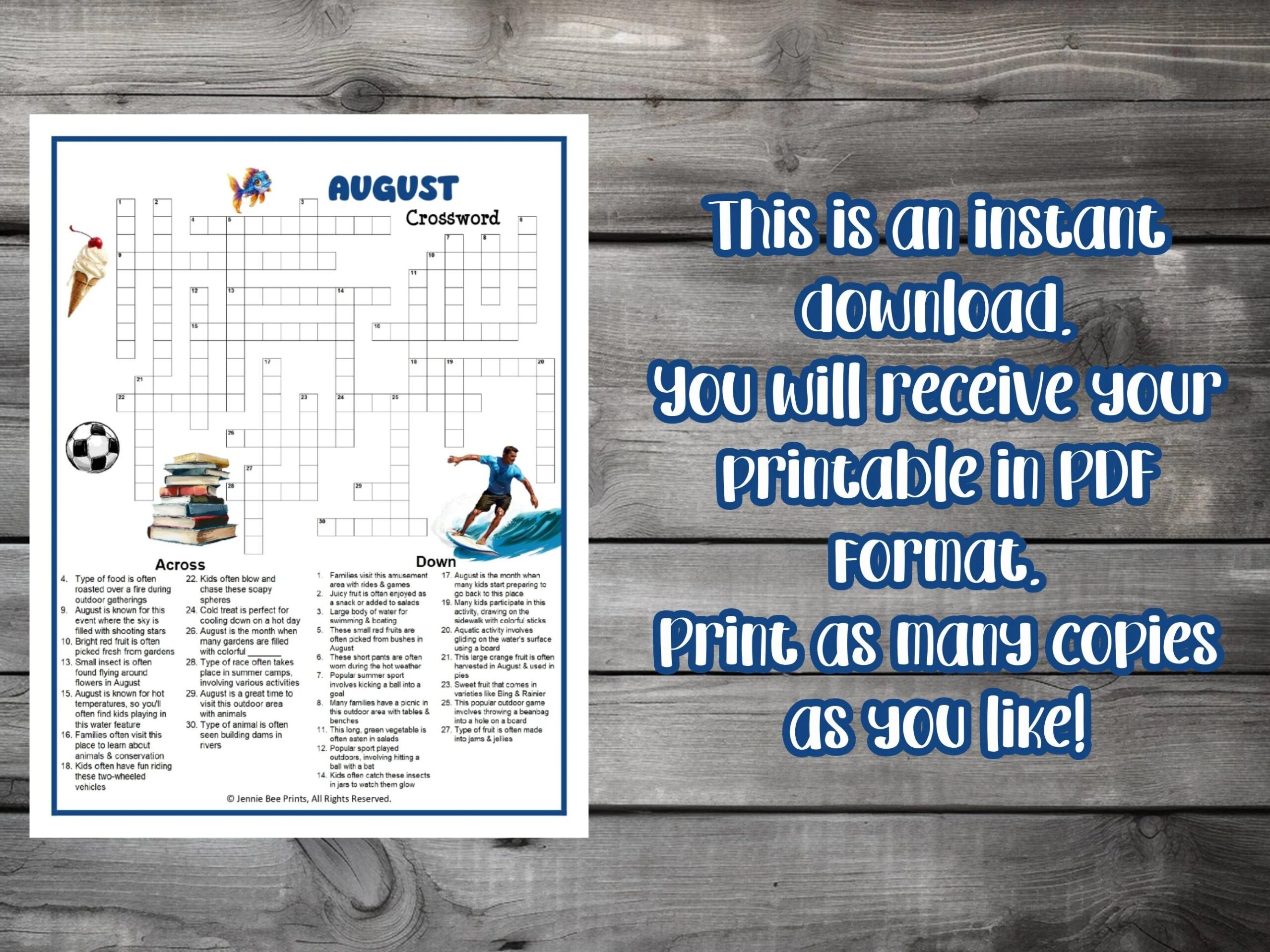 August Crossword Puzzle Family Friendly Fun Printable Puzzles For Adults Seniors Teens Kids Summer Break Group Printable Crossword Etsy