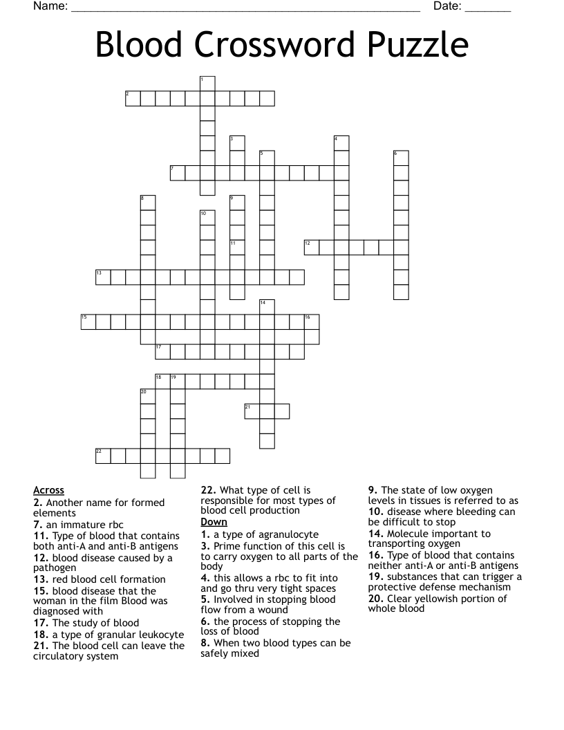 Blood Crossword Puzzle WordMint Blood Crossword Puzzle WordMint