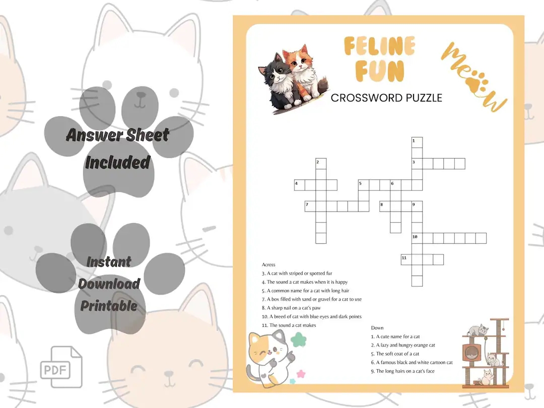Cat Crossword Printable Digital Puzzle Feline Brain Teaser W answers Family Friendly Game Kids And Adult Wordplay Fun PDF File Digital Etsy