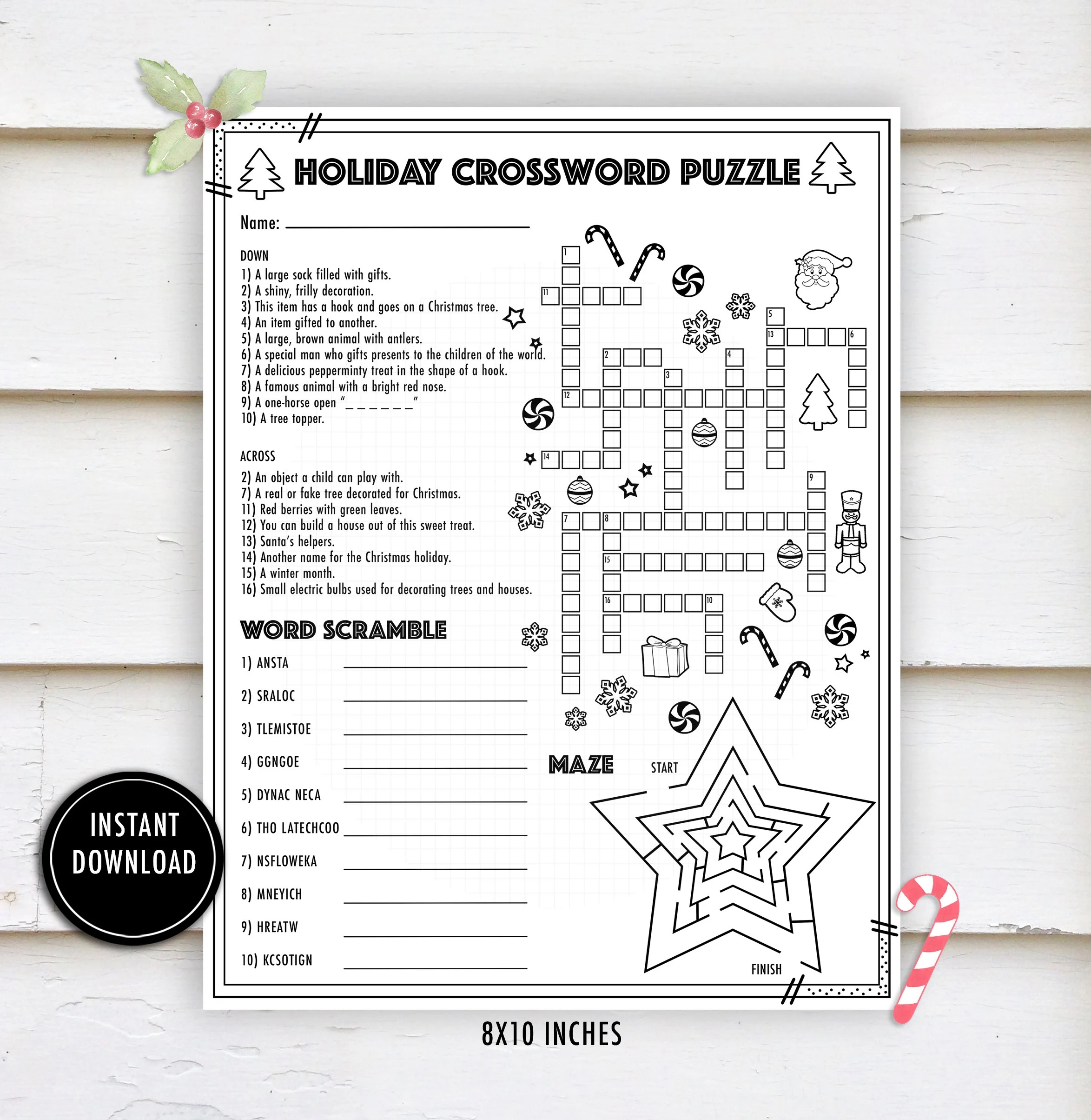 Christmas Crossword Activity Puzzle christmas Worksheets Winter Worksheets Holiday Crossword Maze Word Scramble Etsy