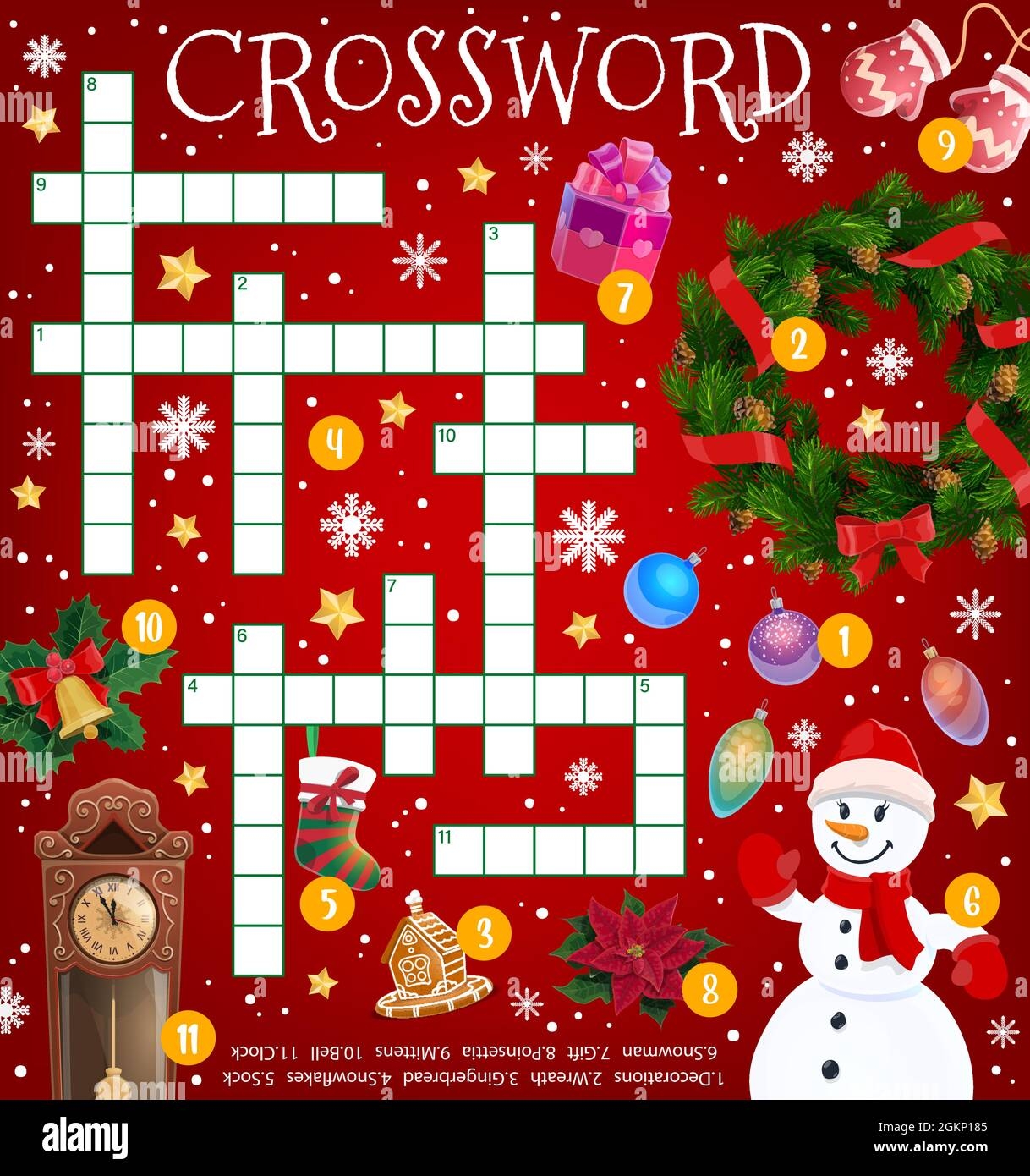 Christmas Crossword Puzzle Game Grid Cartoon Holiday Items And Decorations Vector Find Word Quiz For Kids