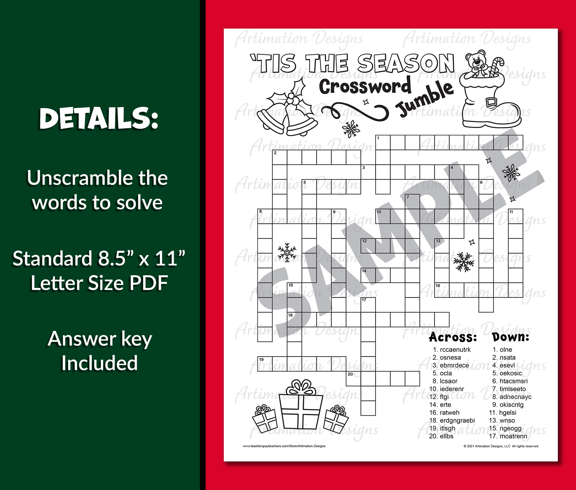 Christmas Crossword Puzzle Word Scramble Winter Word Game Word Unscramble Made By Teachers