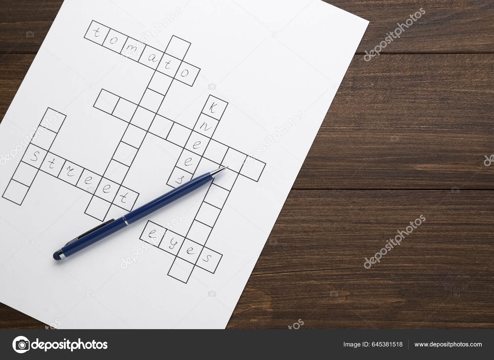 Crossword Answers Pen Wooden Table Top View Space Text Stock Photo NewAfrica 645381518