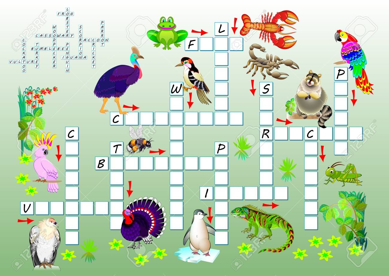 Crossword Puzzle Game With Funny Animals Educational Page For Children For Study English Words Printable Worksheet For Brainteaser Book Vector Cartoon Image Royalty Free SVG Cliparts Vectors And Stock Illustration Image 121527964 