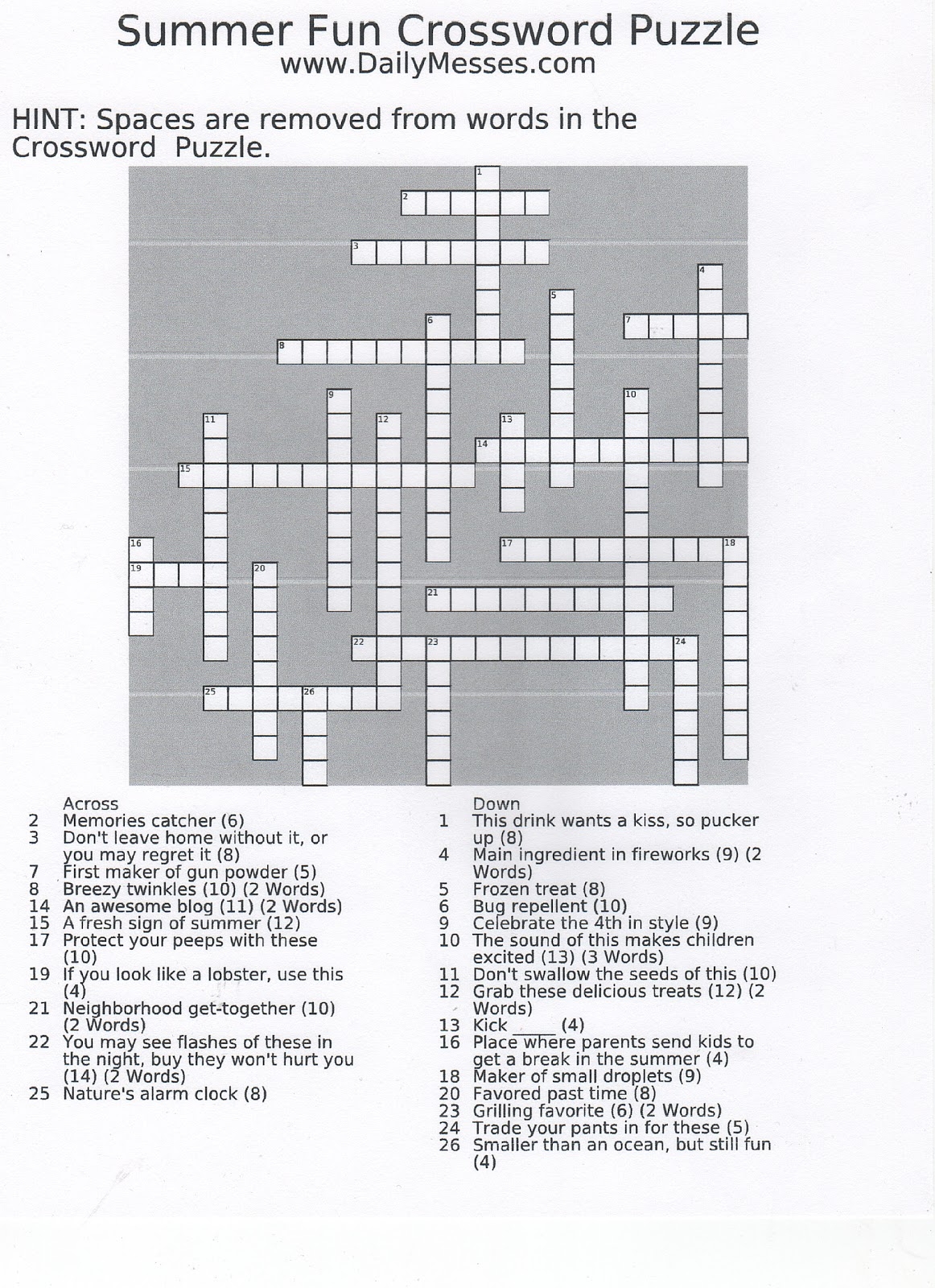 Daily Messes Summer Fun Crossword Puzzle