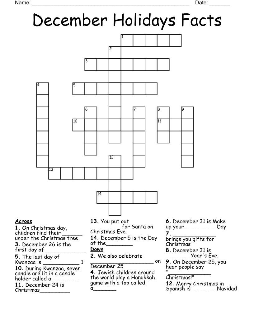 December Holidays Facts Crossword WordMint
