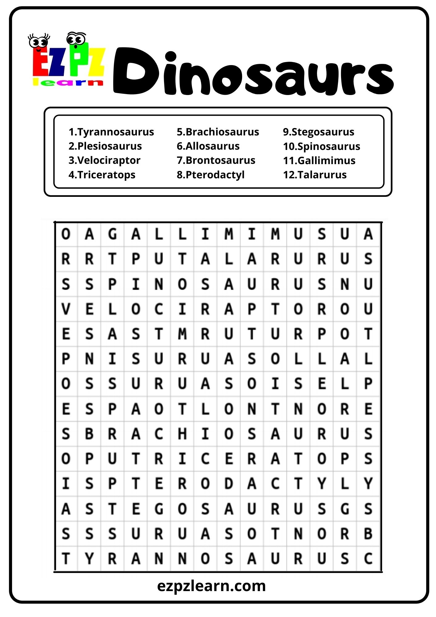 Dinosaurs Word Search Ezpzlearn Dinosaurs Word Search Ezpzlearn
