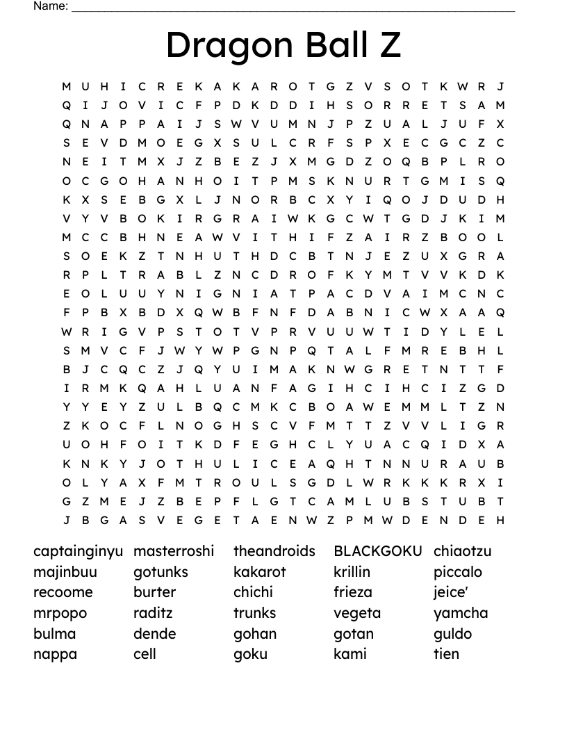 Dragon Ball Z Crossword Puzzle WordMint Dragon Ball Z Crossword Puzzle WordMint