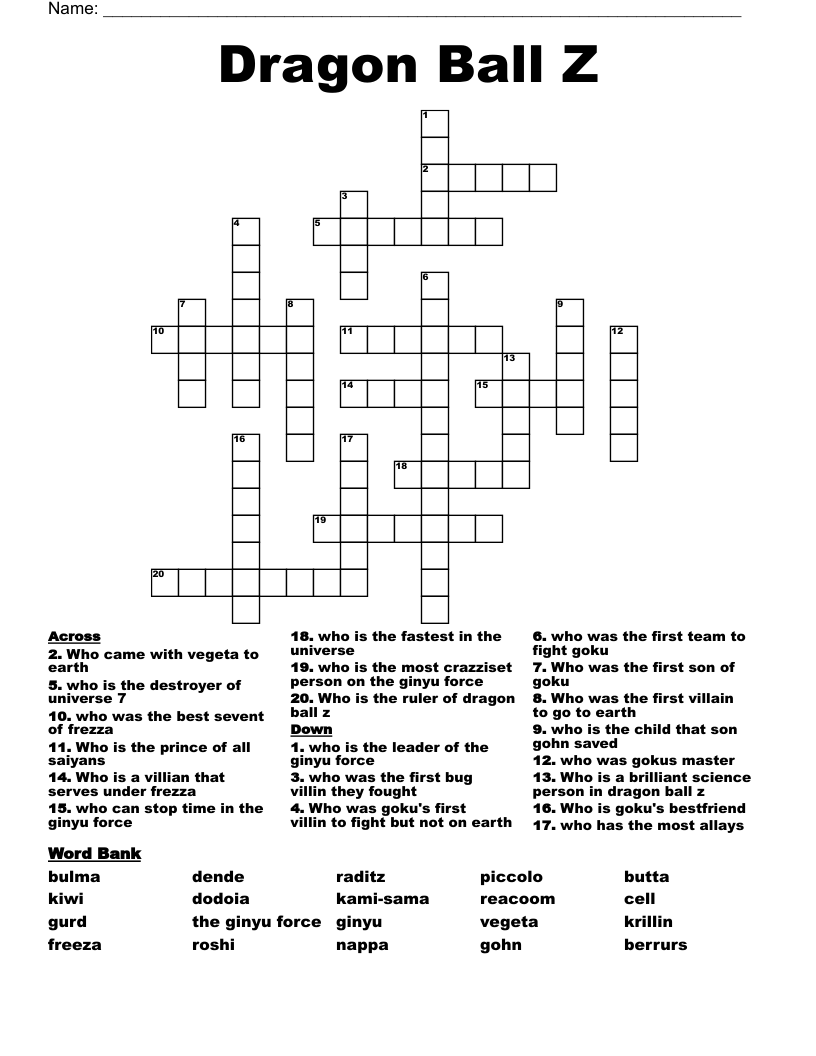 Dragon Ball Z Crossword WordMint Dragon Ball Z Crossword WordMint
