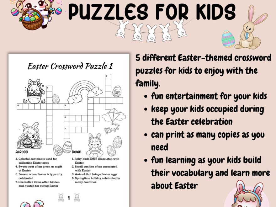 Easter Crossword Puzzles For Kids Printable Easter Activity For Kids Sunday School Easter Activity Classroom Game Party Game Family Fun Etsy