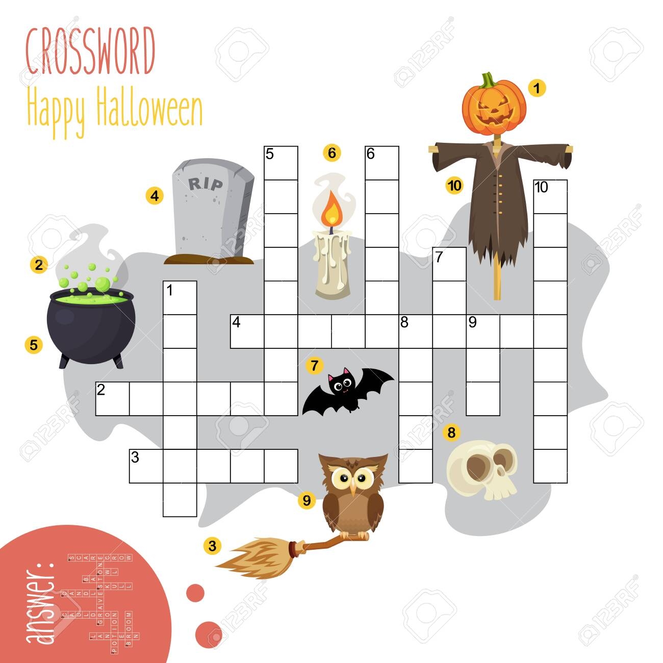 Easy Crossword Puzzle Happy Halloween For Children In Elementary And Middle School Fun Way To Practice Language Comprehension And Expand Vocabulary Includes Answers Vector Illustration Royalty Free SVG Cliparts Vectors And Stock