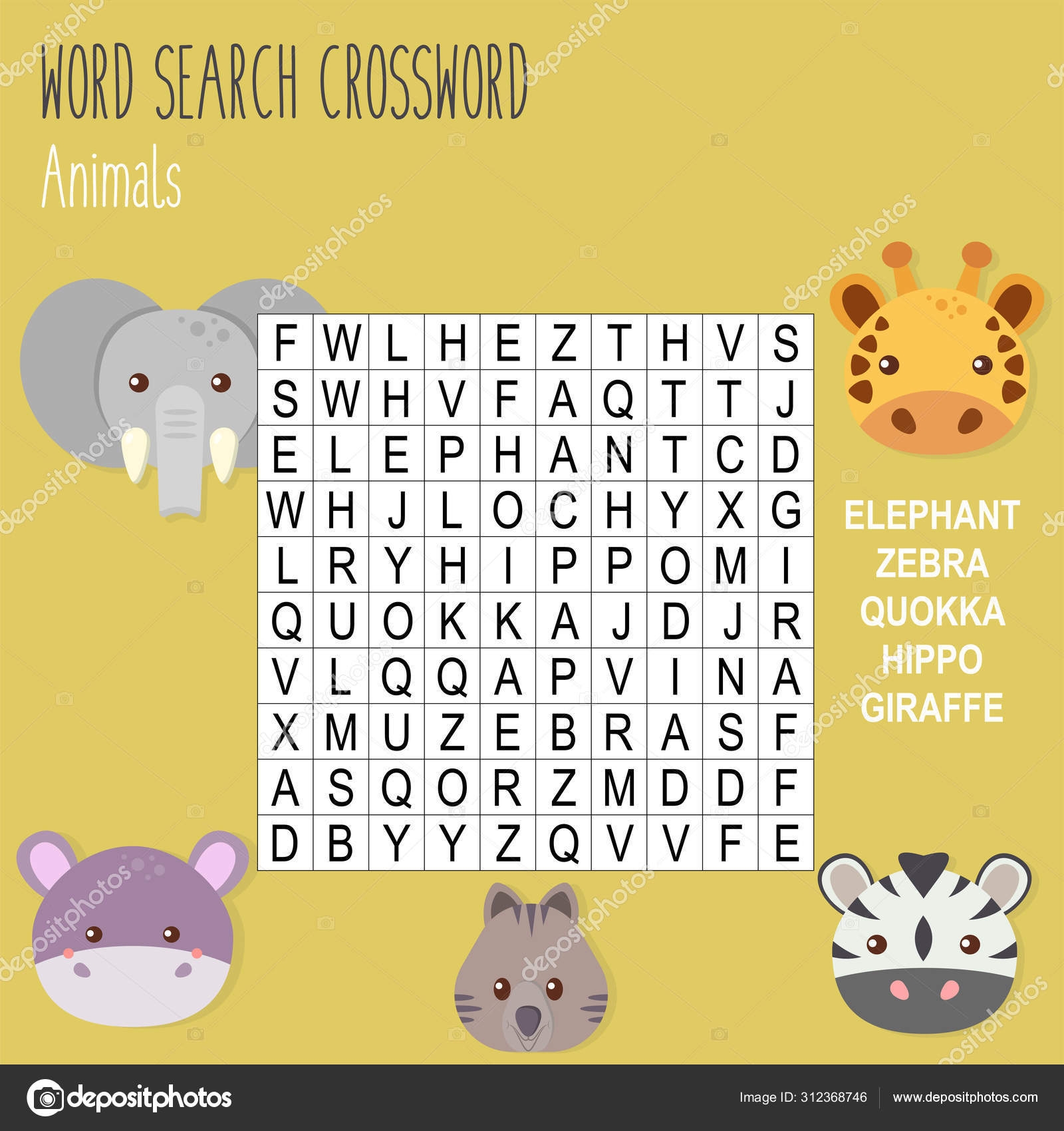 Easy Word Search Crossword Puzzle Animals Children Elementary Middle School Stock Vector By yekaterinalim 312368746