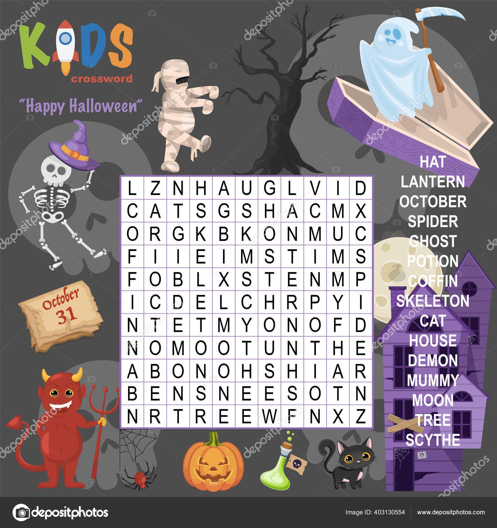 Easy Word Search Crossword Puzzle Happy Halloween Children Elementary Middle Stock Vector By yekaterinalim 403130554
