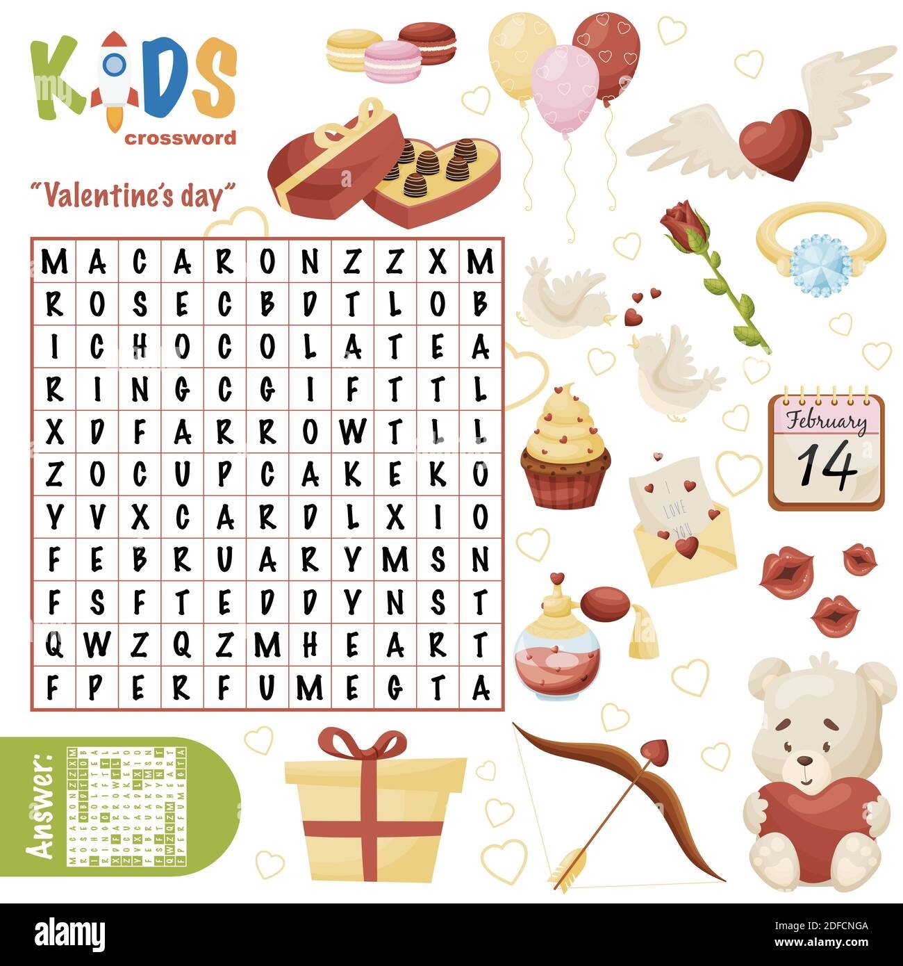 Easy Word Search Crossword Puzzle Valentine s Day For Children In Elementary Primary And Middle School Fun Way To Practice Language Comprehension Stock Vector Image Art Alamy