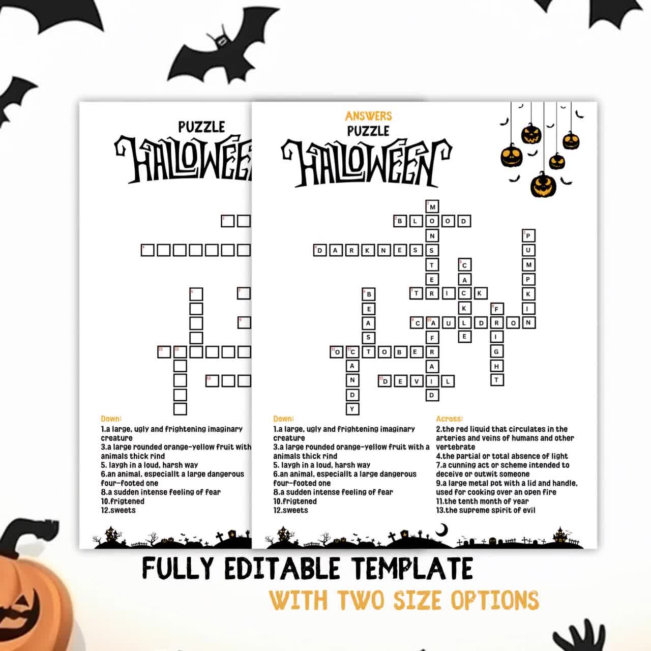 Editable Printable Halloween Crossword Puzzle Game With Answers Halloween Party Game For Kids Teens And Adults Halloween School Games Etsy