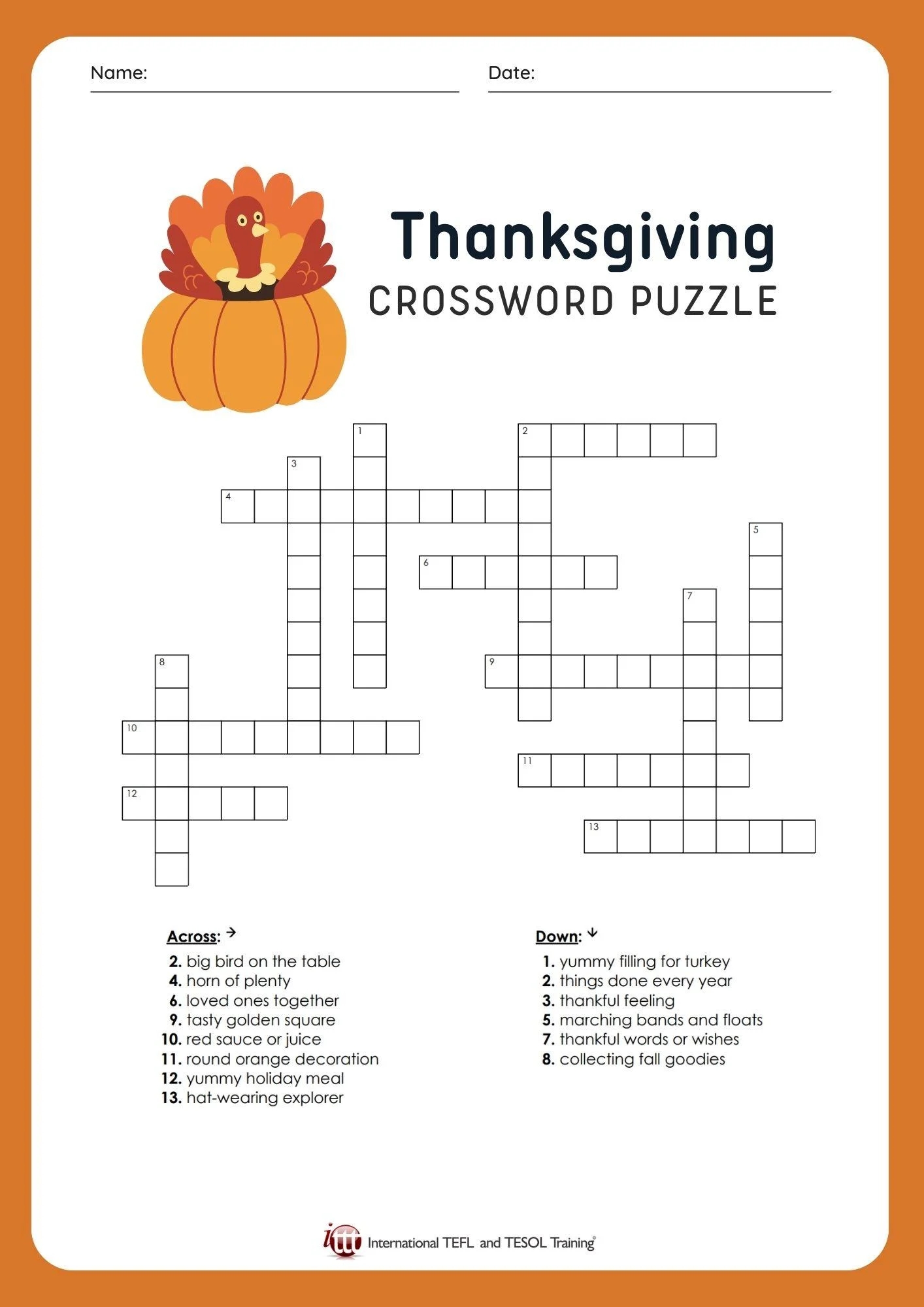 EFL Thanksgiving Vocabulary Crossword Puzzle ITTT