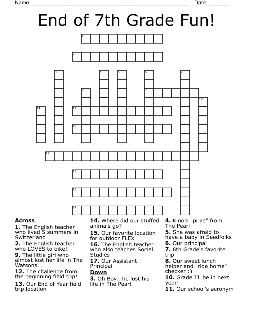 End Of 7th Grade Fun Crossword WordMint