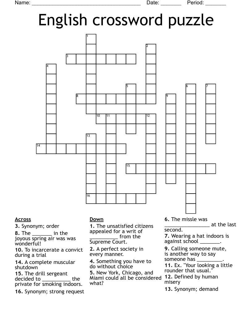 English Crossword Puzzle WordMint Worksheets Library