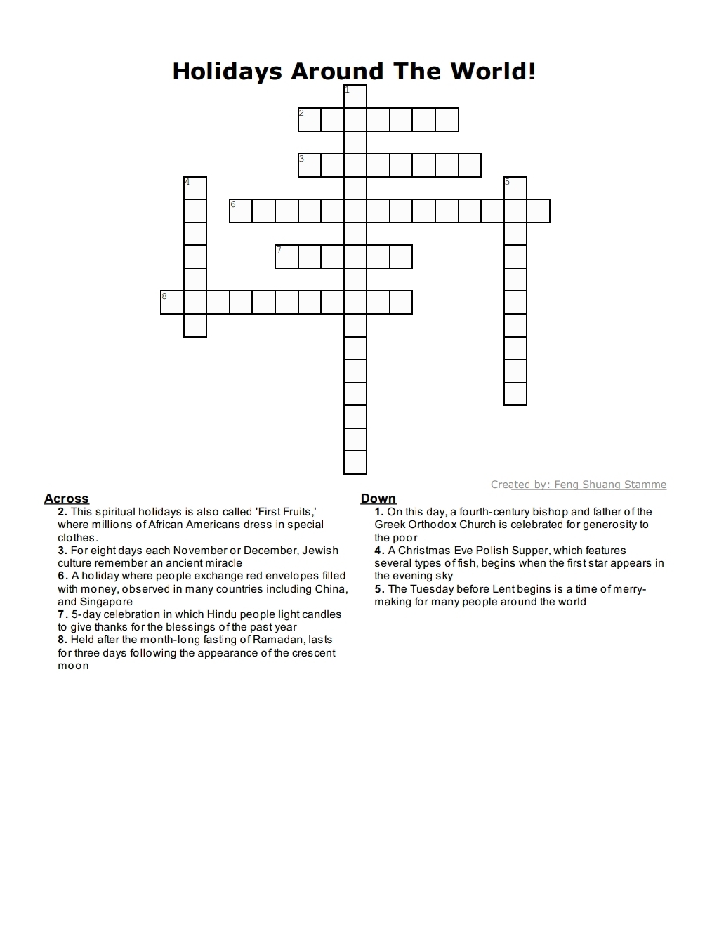 F1 Internantional Students Present Holidays Around The World Crossword El Camino College The Union