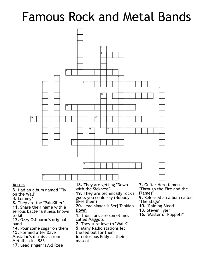 Famous Rock And Metal Bands Crossword WordMint