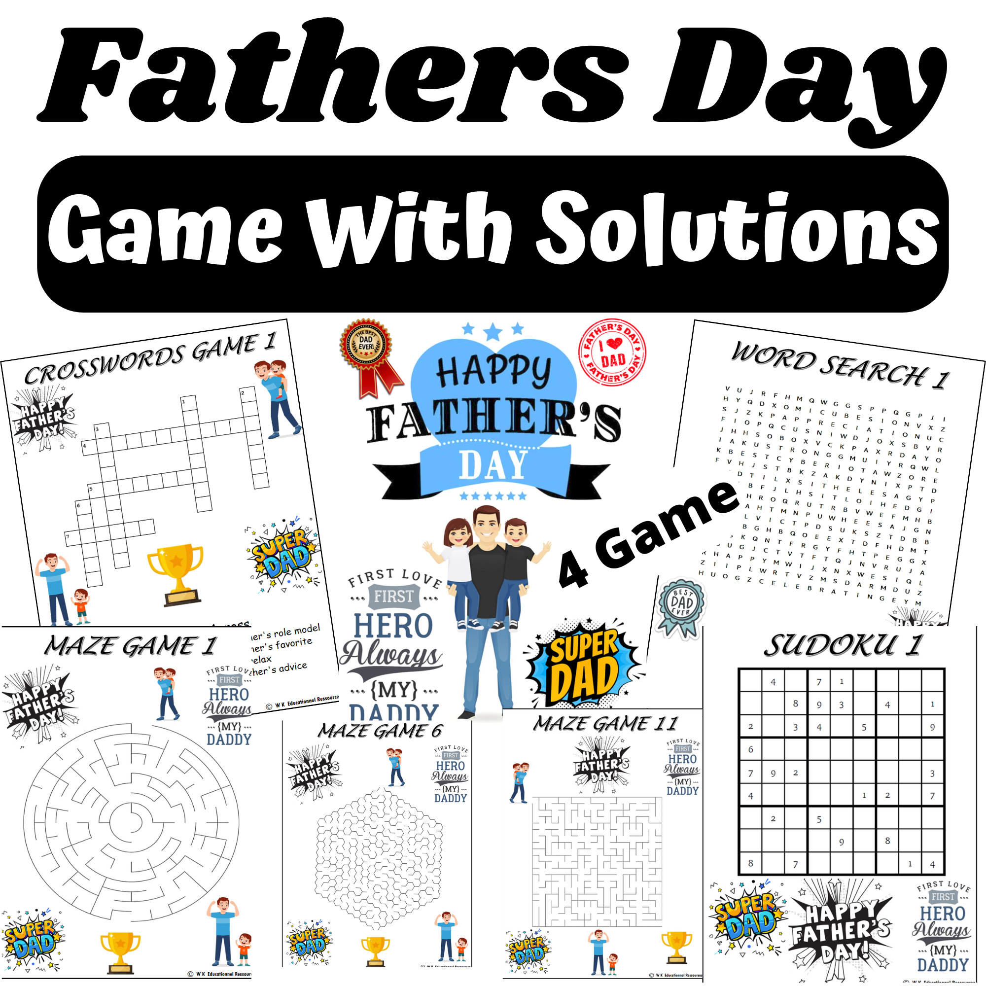 Fathers Day Game Crosswords Word Search Maze Sudoku Puzzles Fun With Solution Made By Teachers