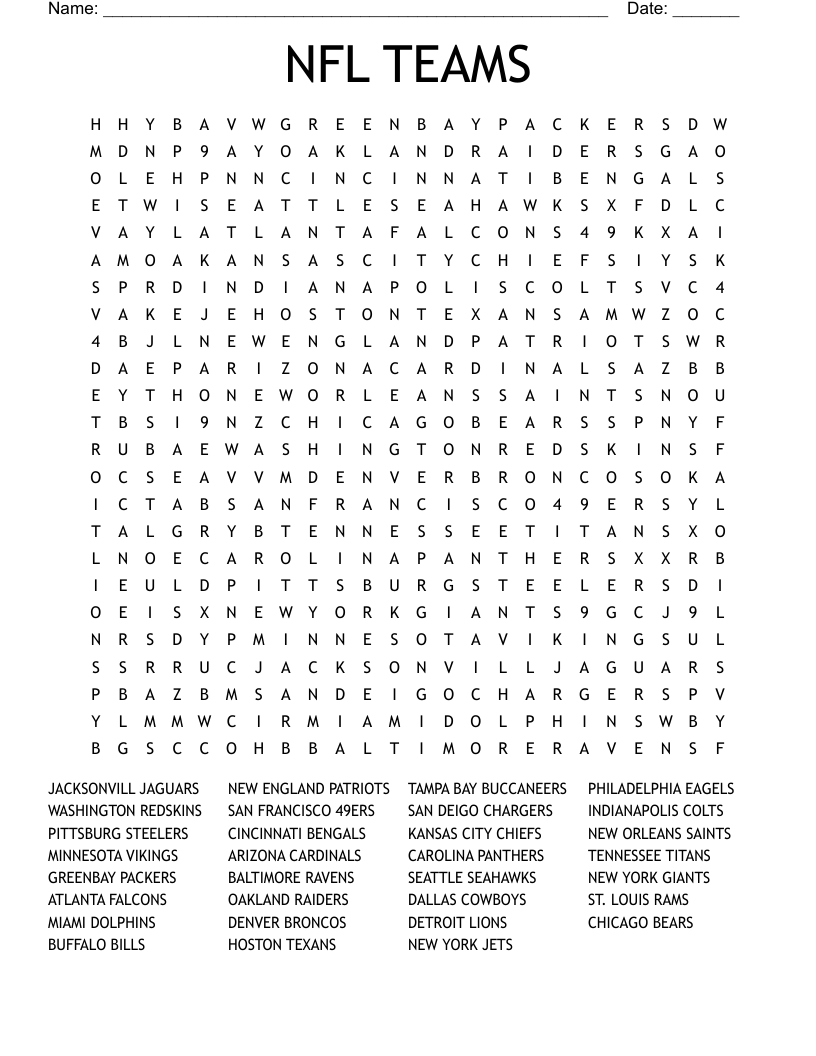 Football Teams Crossword WordMint