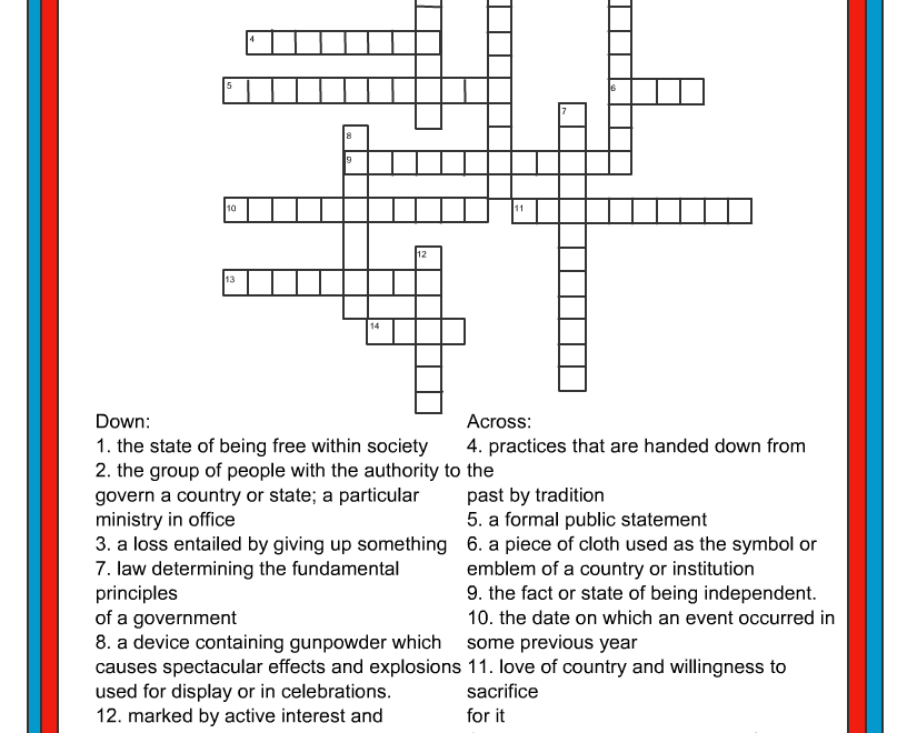 Free Printable 4th Of July Crossword Puzzle With Answer Key