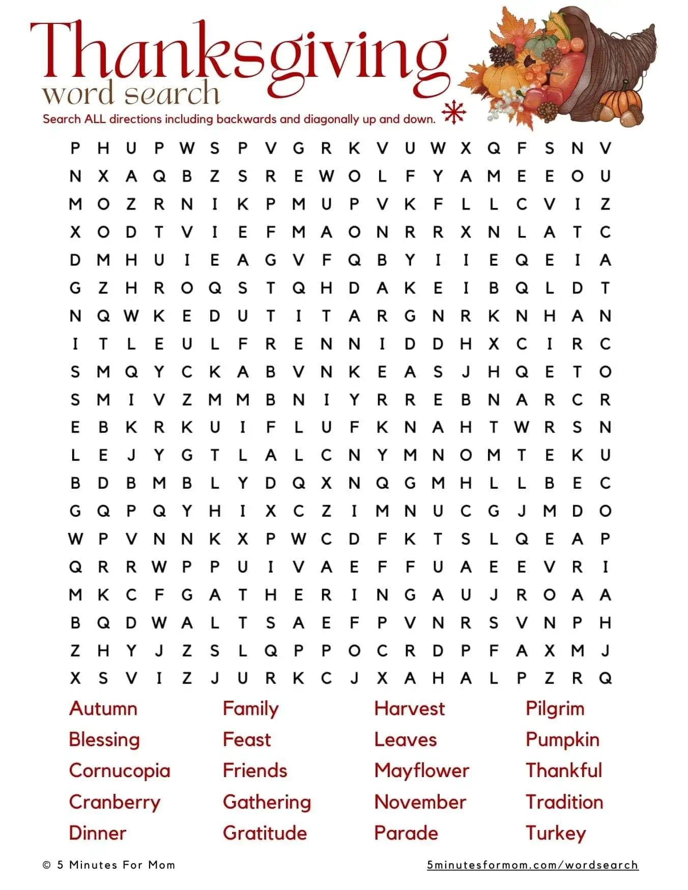 Free Printable Thanksgiving Word Search For Kids