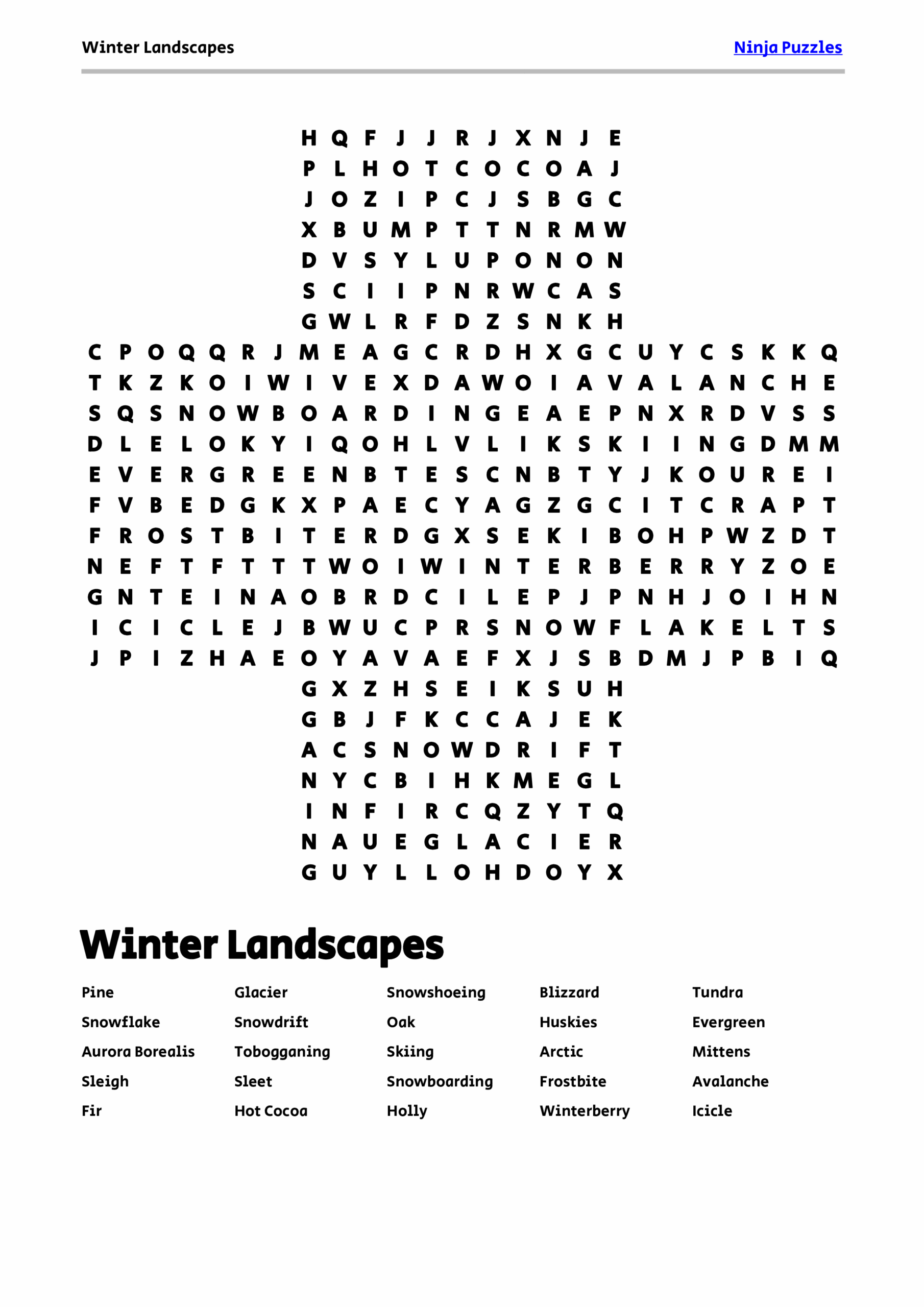 Free Printable Winter Landscapes Themed Word Search Puzzle Free Printable PDF Free Printable Winter Landscapes Themed Word Search Puzzle Free Printable PDF