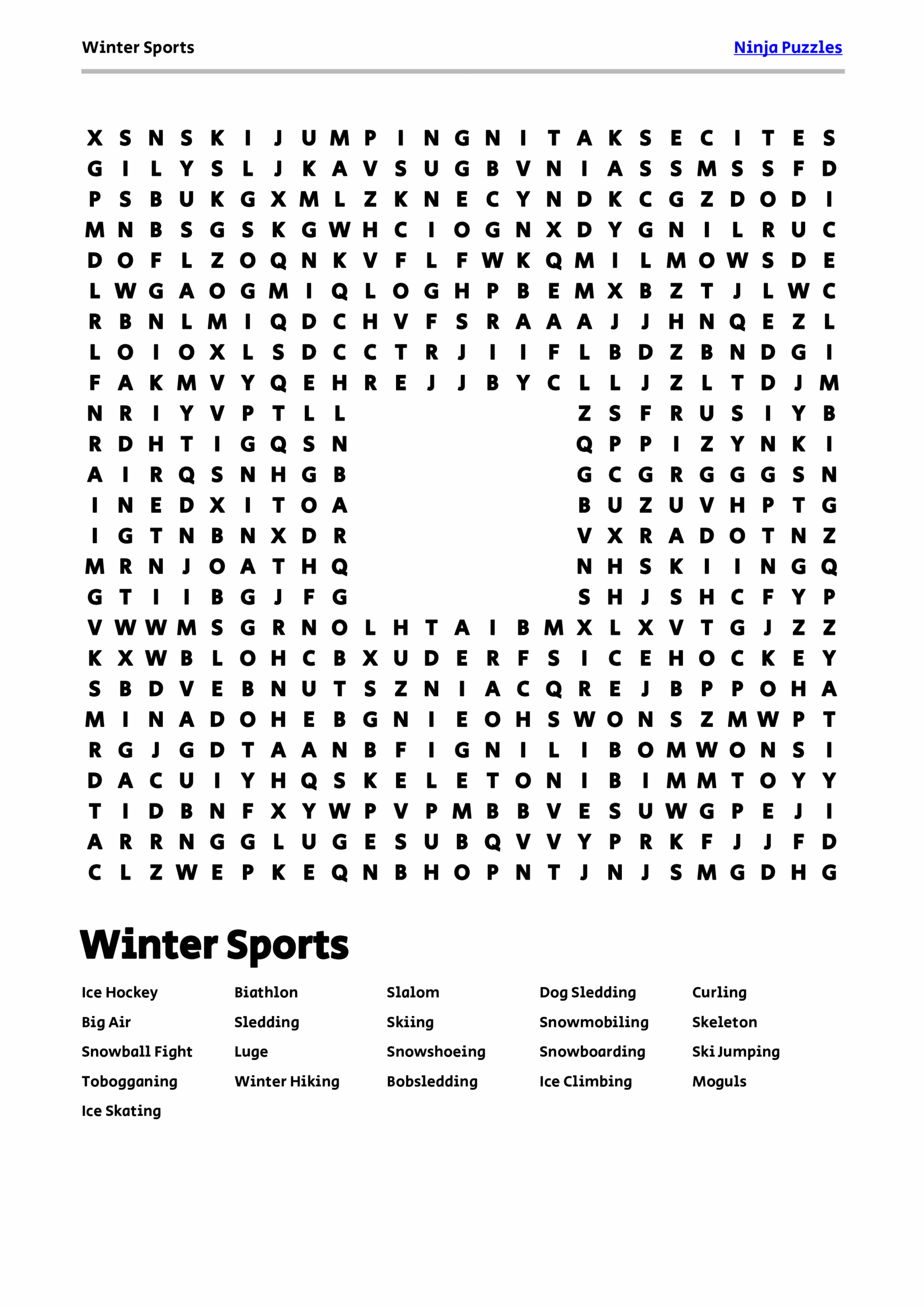 Free Printable Winter Sports Themed Word Search Puzzle Free Printable PDF
