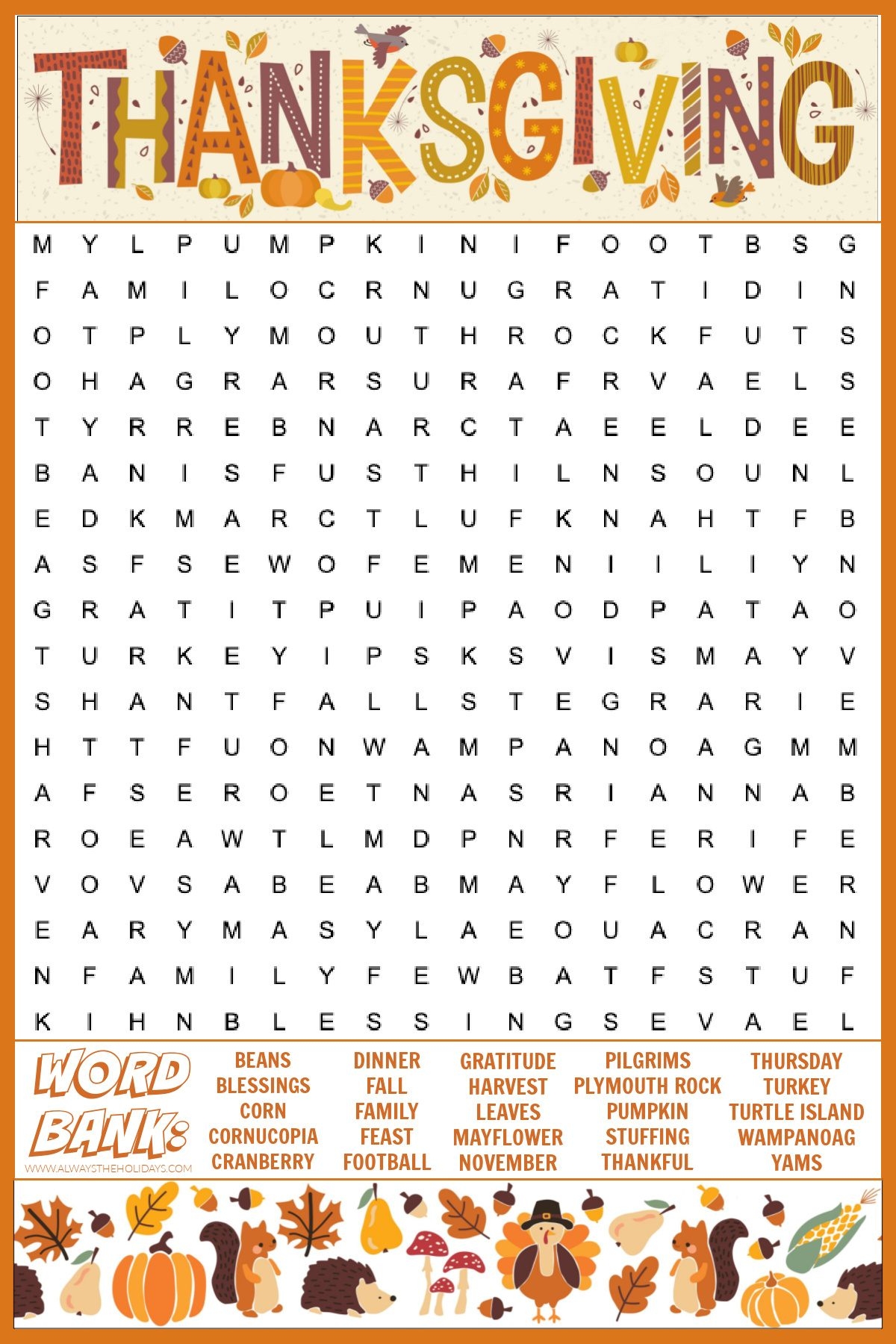 Free Thanksgiving Word Search Printable With Answers Included