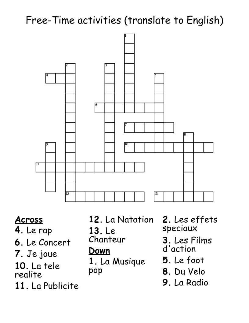 Free Time Activities translate To English Crossword WordMint