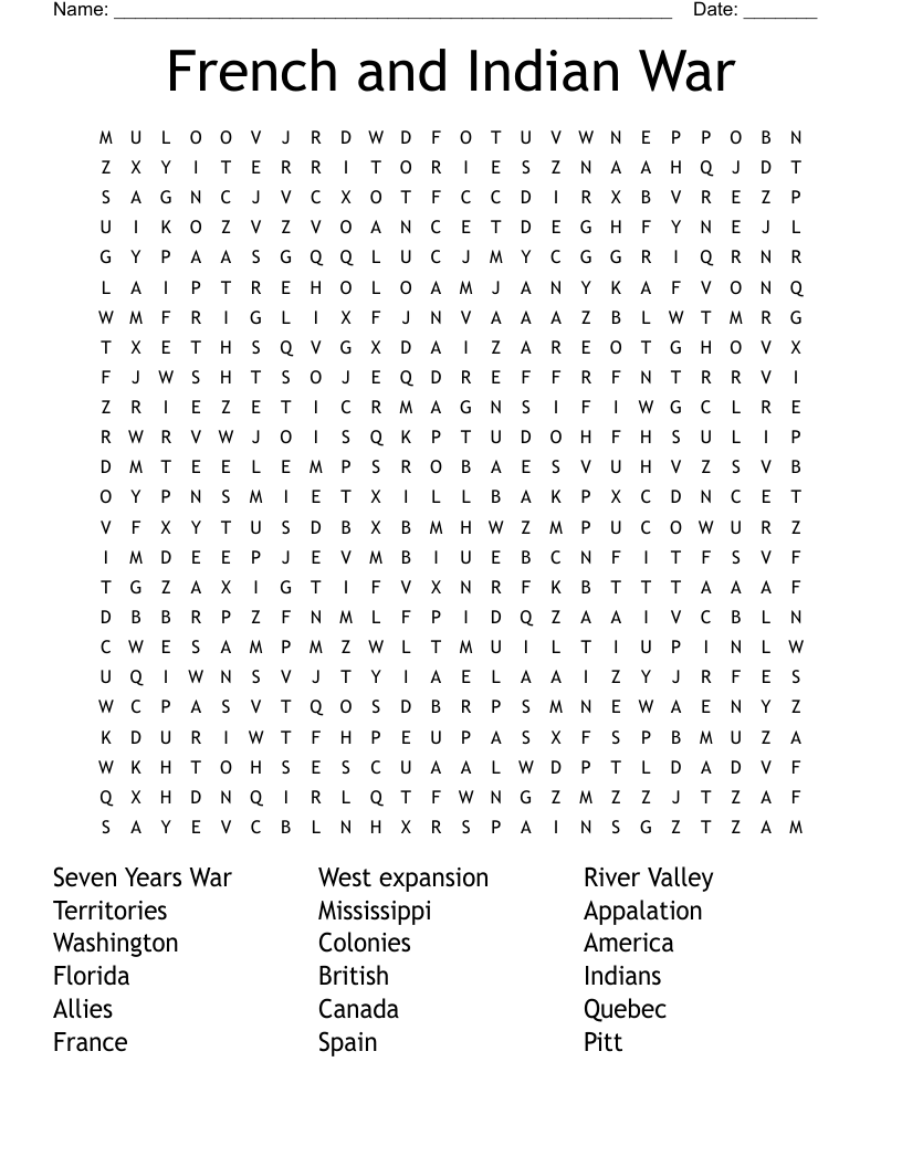 French And Indian War Word Search WordMint