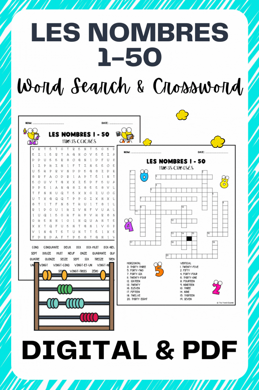 FRENCH Numbers 1 50 Les Nombres 1 50 Word Search Crossword Activities