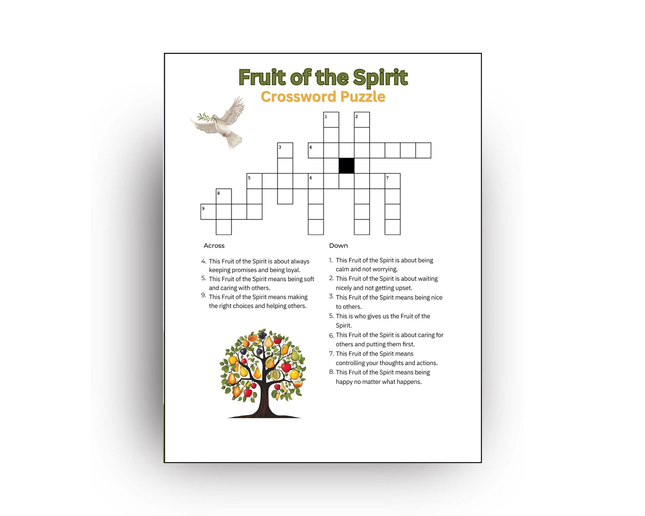 Fruit Of The Spirit Crossword Puzzle Printable Worksheet For Kids Adults Seniors Etsy