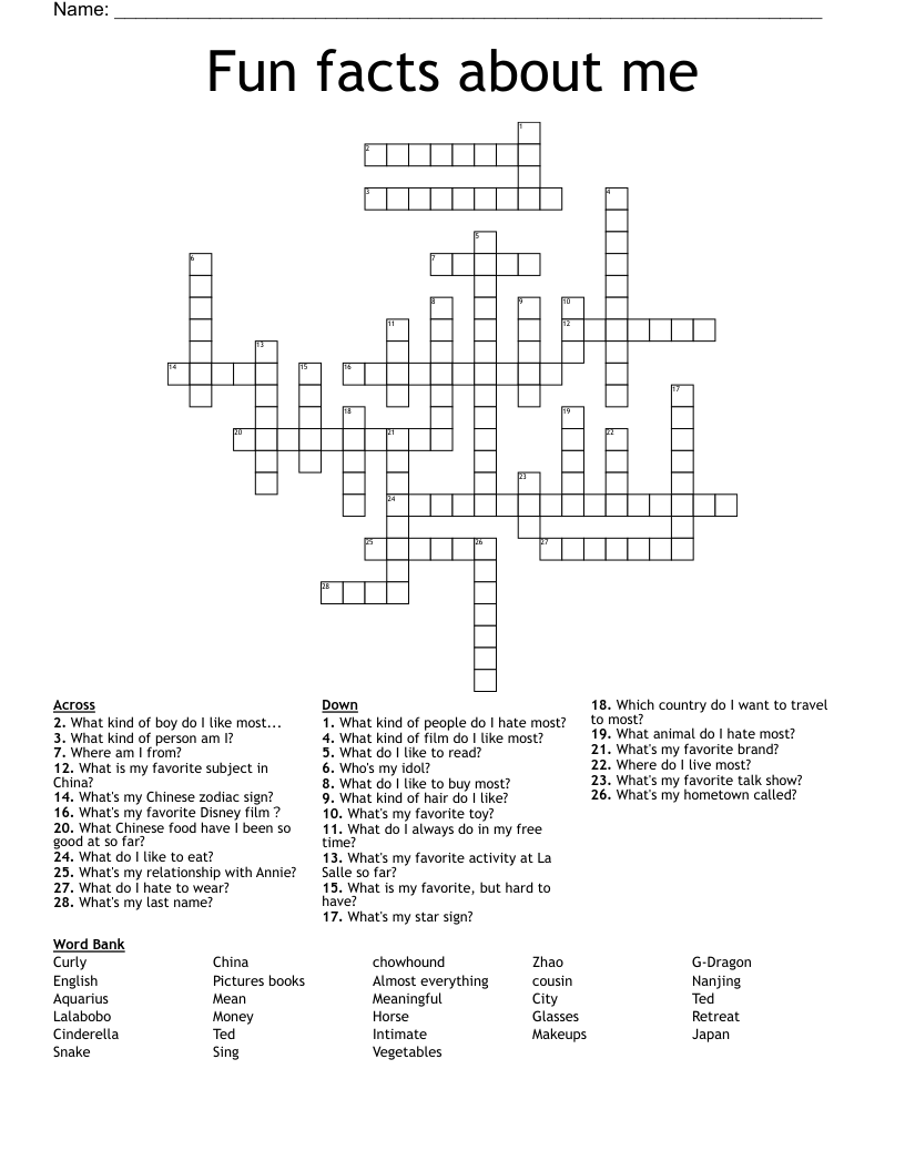 Fun Facts About Me Crossword WordMint