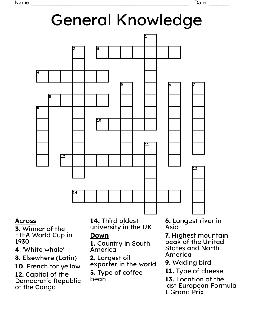 General Knowledge Crossword WordMint Worksheets Library