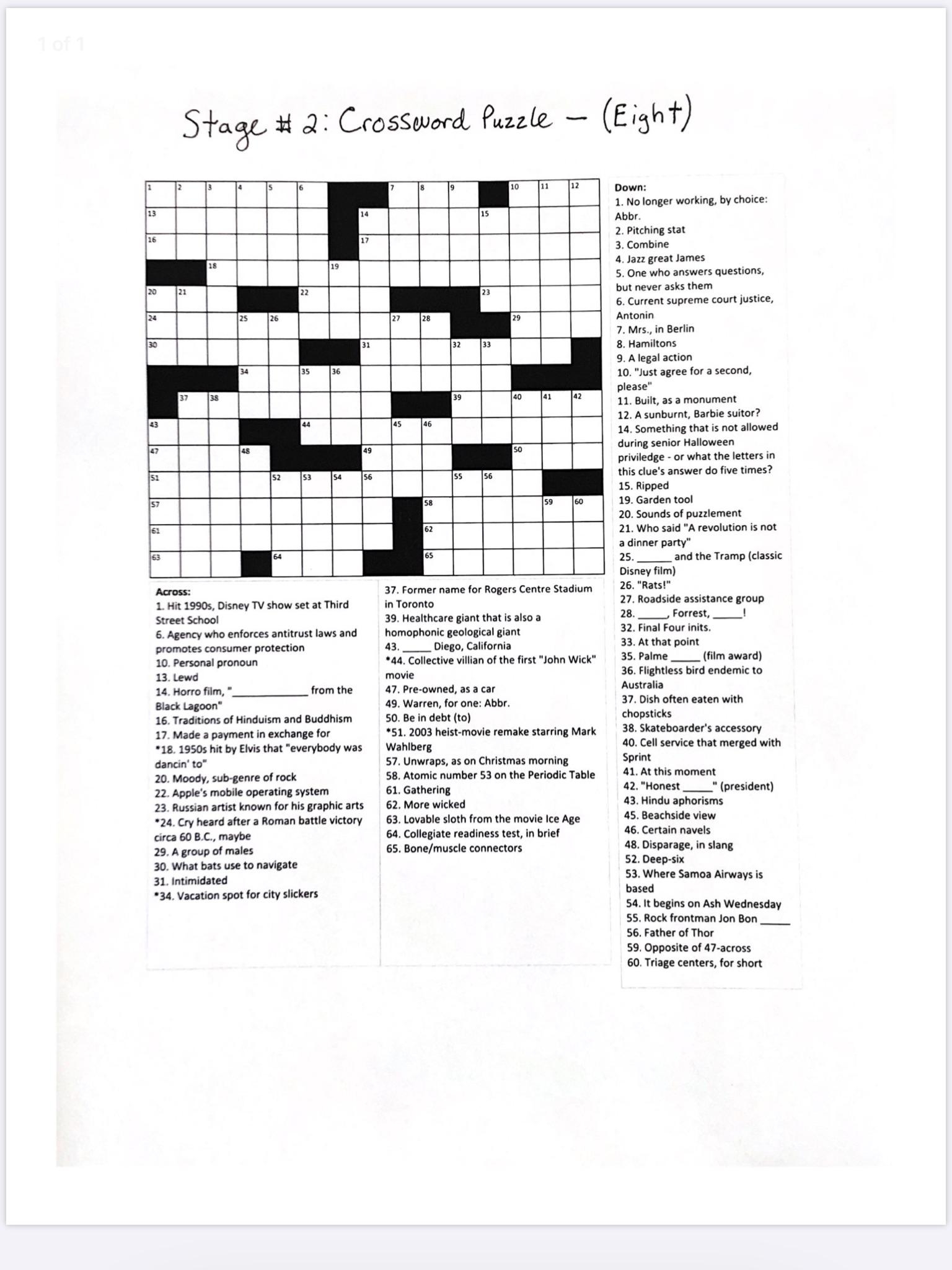 Horror Movie Crossword Puzzles Printable