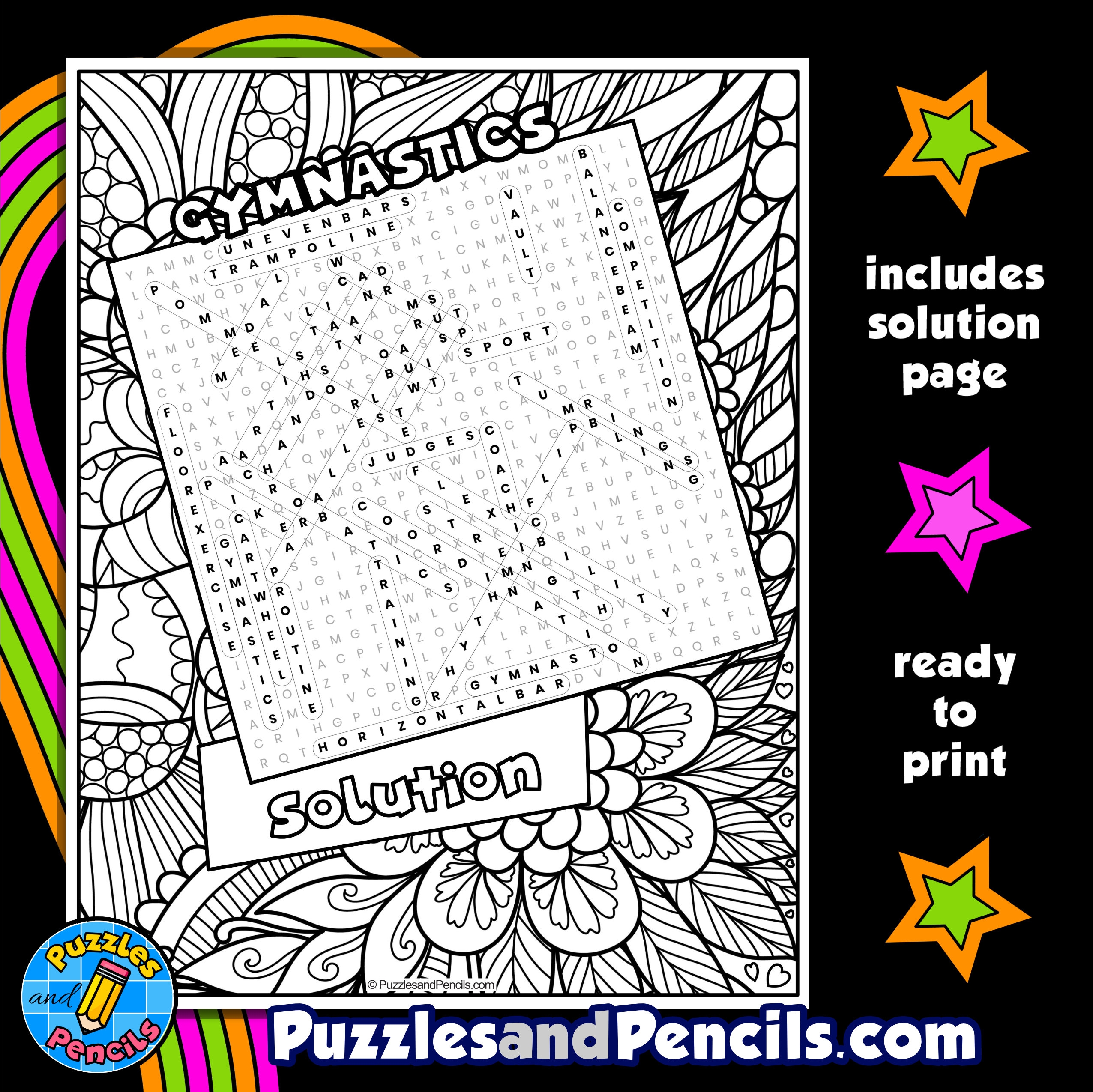 Gymnastics Word Search Puzzle Activity With Coloring Made By Teachers