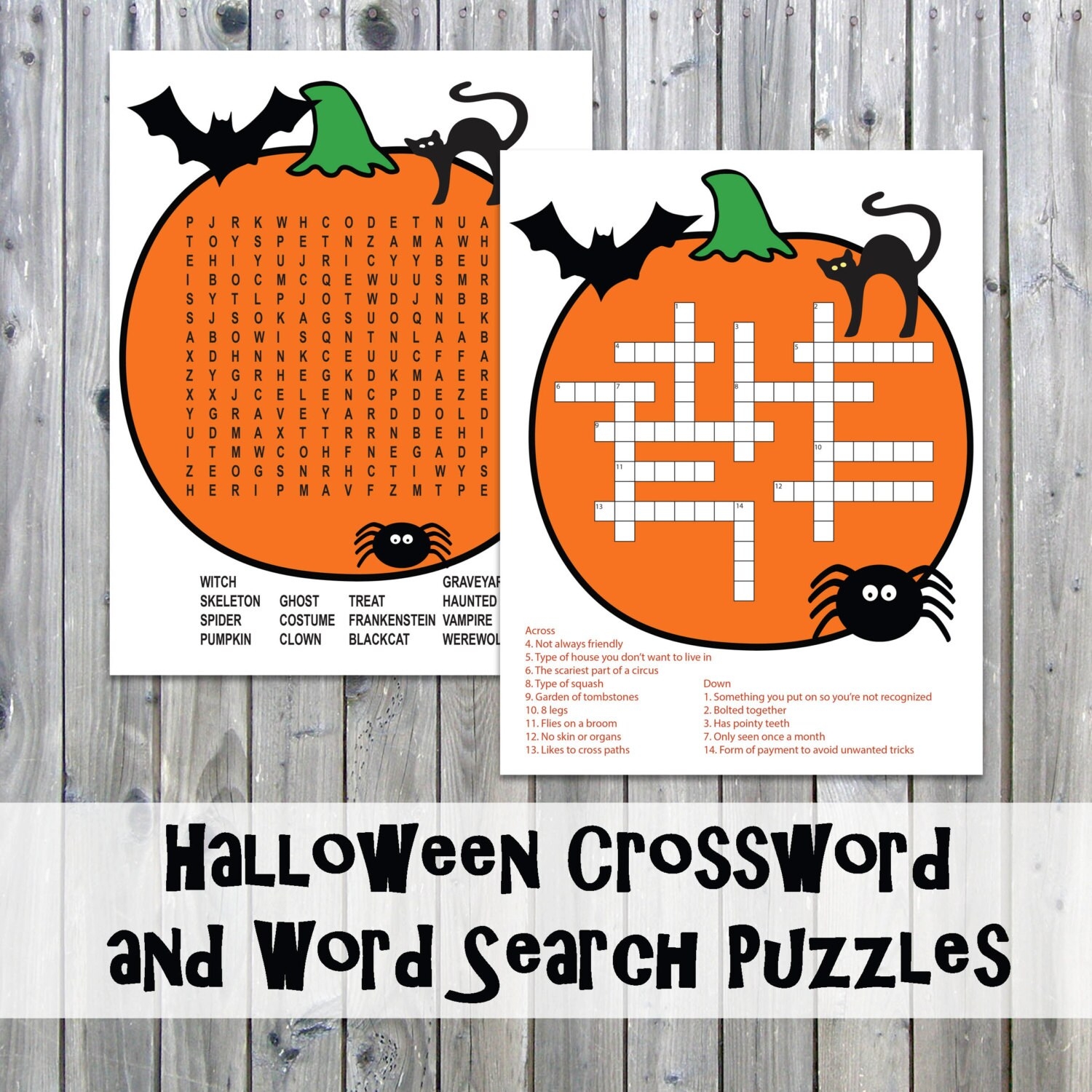 Halloween Crossword Puzzle And Word Search Party Game Printables Instant Download Etsy