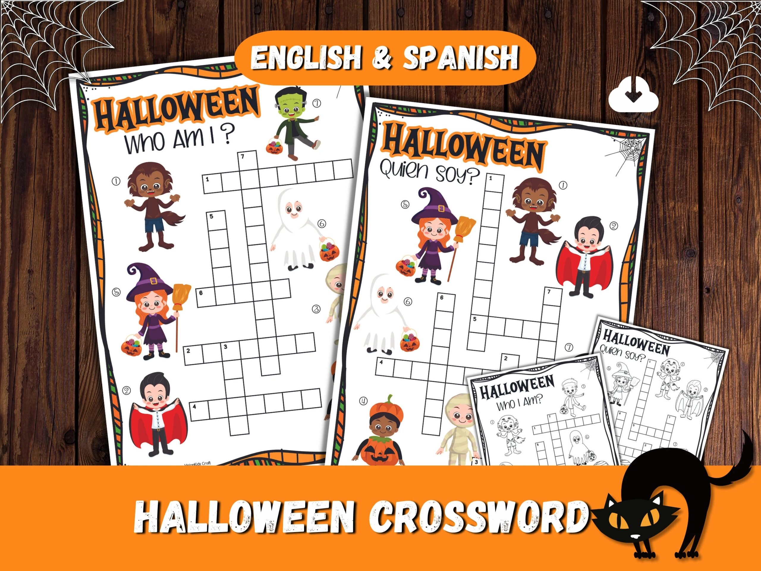 Halloween Crossword Puzzle Printable Bilingual Game For Kids Fun Kids Activity In Spanish And English For Halloween Games Etsy