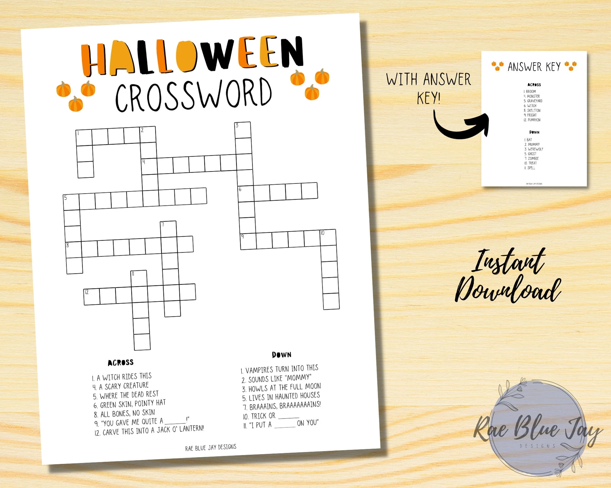Halloween Crossword Puzzle Printable INSTANT DOWNLOAD Kids Crossword Puzzle Halloween Game Halloween Activity Kids Halloween Fun Etsy