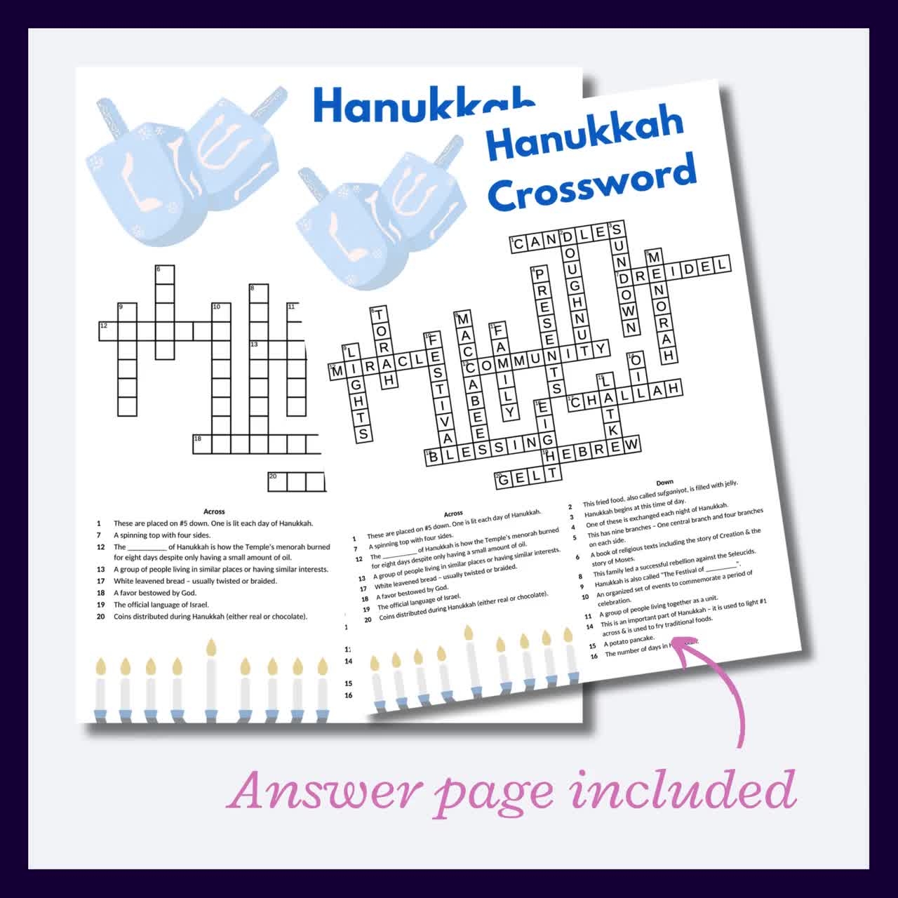 Hanukkah Crossword Puzzle For Parties Or To Learn About Hanukkah Great Cross Word Puzzle For Adults Or Teenagers Etsy